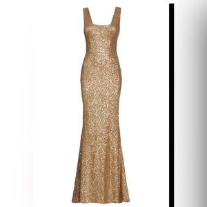 Dress the Population Raven Sequin Gown in gold. Medium